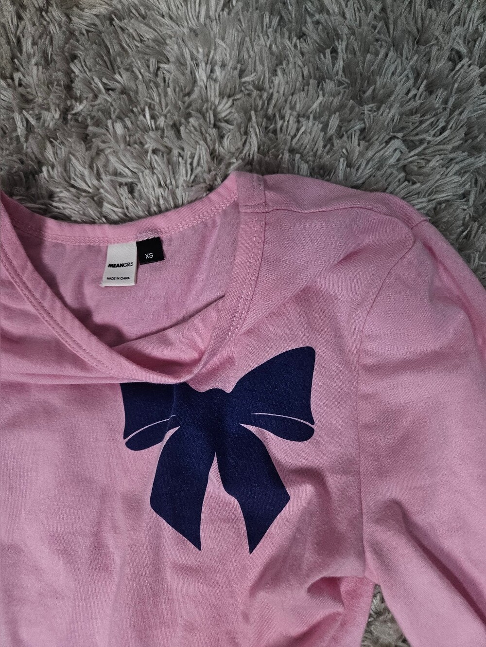 Girls' Pink Long-Sleeve Tee with Navy Bow Graphic